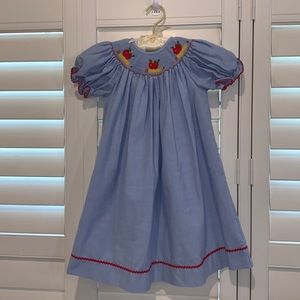 Blue Smocked Kids Casual Dress with Red Accents